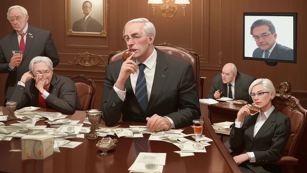 Create an image of several politicians sitting at their desks full of money and in luxury,eating and drinking,8K, Ultra realistic photo, cinematographic