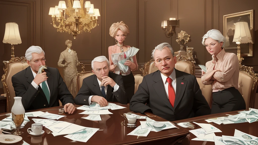 Create an image of several politicians sitting at their desks full of money and in luxury,eating and drinking,8K, Ultra realistic photo, cinematographic