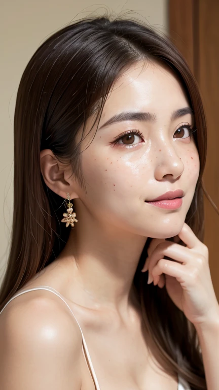 Highest quality, Tabletop, Ultra-high resolution, (Realistic:1.4), RAW Photos, One Girl, Japanese Idols, low twintails, indoor, Summer noon,Delicate face,realskin,Fine hair,Detailed skin,Beautiful Face,smile:1.1、((Beautiful hair ornaments))、Close your eyes、topless、Add light to your hair、Put your hands around your mouth、Open your mouth a little、freckles:0.8、strap slip、cleavage