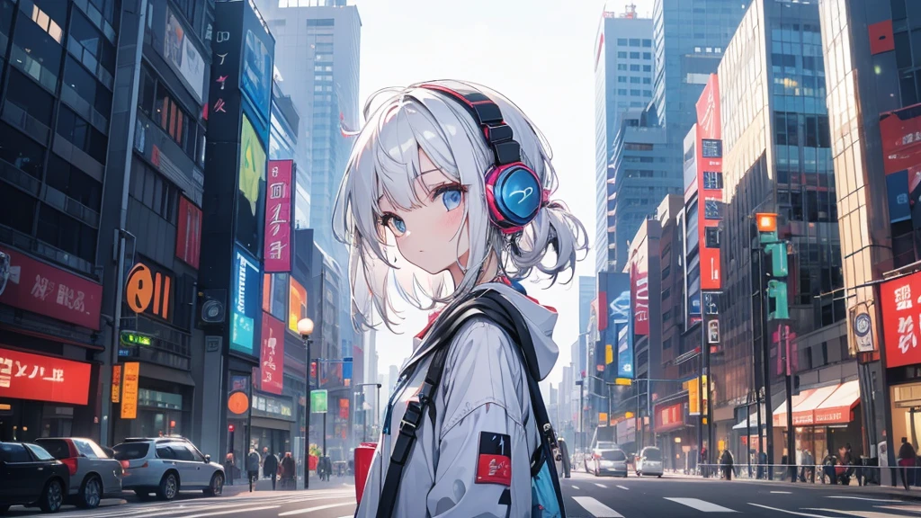 Girl wearing headphones in the city。White Hair