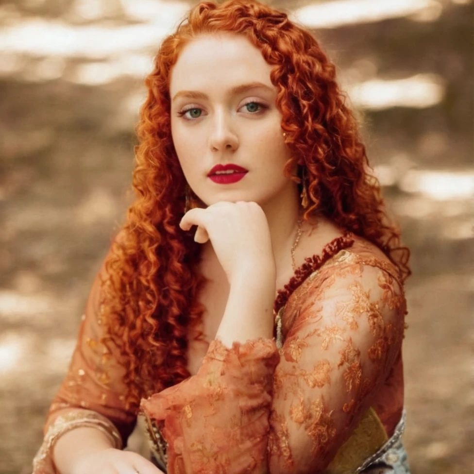 22 year old non-Oriental noble woman from the 17th century, slightly overweight, beautiful with long red curly hair, greenish eyes and full, red lips, serious expression, wearing a pink dress with gold flower details, has a pet fox 