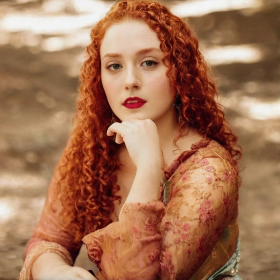 22 year old non-Oriental noble woman from the 17th century, slightly overweight, beautiful with long red curly hair, greenish eyes and full, red lips, serious expression, wearing a pink dress with gold flower details, has a pet fox 