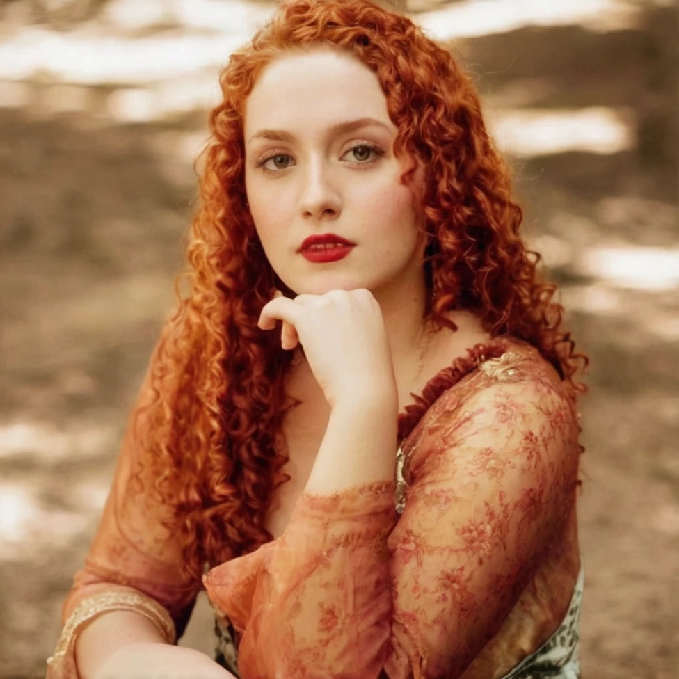 22 year old non-Oriental noble woman from the 17th century, slightly overweight, beautiful with long red curly hair, greenish eyes and full, red lips, serious expression, wearing a pink dress with gold flower details, has a pet fox 