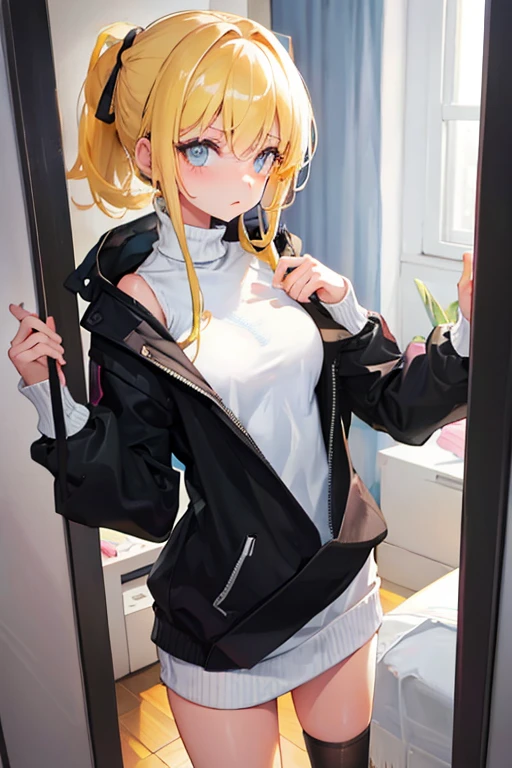 Girl, average breasts, slim waist, Sweater,