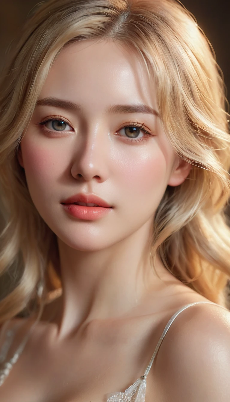 The upper body of a beautiful young blonde woman with a tear running down her cheek。European face、Her eyes were filled with deep emotion、It should shine with unshed tears。Her skin is smooth and radiant、It should have detailed textures that enhance realism。The lighting is soft and warm、It gives off a gentle glow that accentuates her delicate features and tears.。The background is softly blurred、Full focus on expressive faces。To add to the overall beauty and emotion of the scene、Include subtle details like the stray hairs that softly frame her face.,(masterpiece:1.3)、(Highest quality:1.4)、(Super detailed:1.5)、High resolution、Very detailed、A unified 8k wallpaper、Beautiful breasts、
