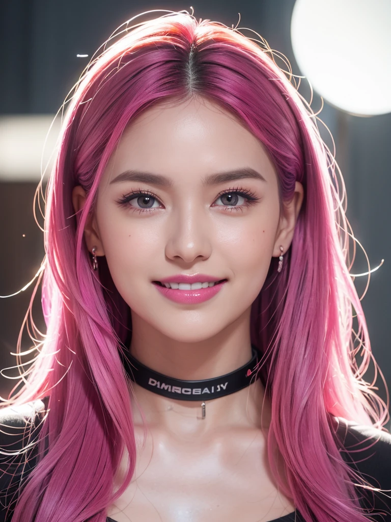 1girl, alone, solitary, high quality, (best quality,4k,8k,highres,masterpiece:1.2),ultra-detailed,(realistic,photorealistic,photo-realistic:1.37),gorgeous hair,fuchsia hair,long straight hair with bangs,sharp eyes,mole under the eye,plump lips,jewelry,(high detailed skin:1.4),(rim lighting:1.3),(lit:1.3),(sunny day:1.3),portrait,beautiful lips,waist-length hair,seductive gaze,moles,casual clothes,colorful clothing,close up,super long hair,choker necklace,tattoos,tattooed,light eyes,bangs,fringe,20 year old,dimples on the cheeks,dimples,beautiful smile,perfect teeth,straight teeth,perfect sized teeth,dazzling smile,neon pink hair,neonhair,magenta hair,bright neon pink hair,neon pink,neonpink