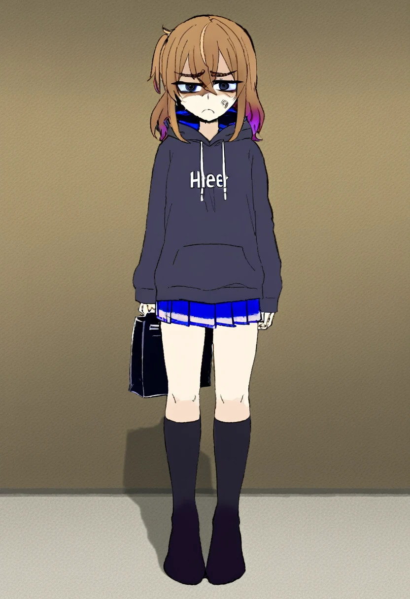 edgy girl with Golden brown hair with bags under her eyes, wearing a dark blue hoodie, blue miniskirt and black high socks. She has a grumpy look and a frown on her face. Full body view