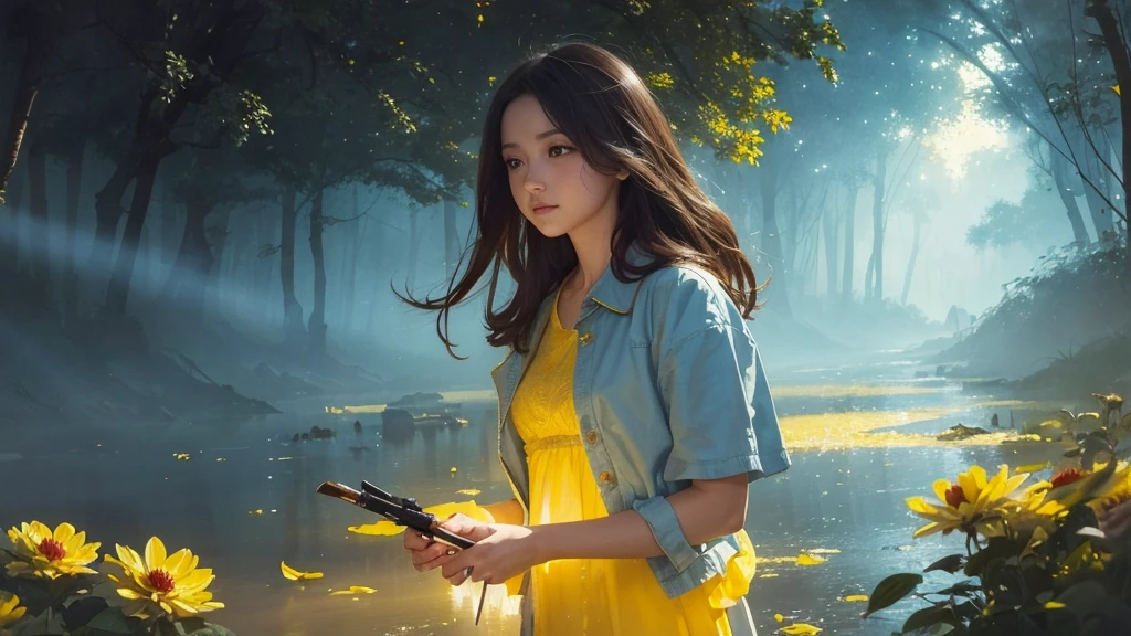 32k, Masterpiece, Highest quality, One girl, Brown Hair, Detailed eyes, flower,Dahlia, Light blue and yellow style,A dreamy, romantic piece,Pale yellow, Mysterious Leaves,A playful arrangement,Fantasy,High Contrast,Ink strokes,explosion,Exposure, Impression of light blue and yellow tones,Abstract,((Watercolours by John Berkey and Jeremy Mann )) Brush strokes,Negative Space, Tyndall effect,