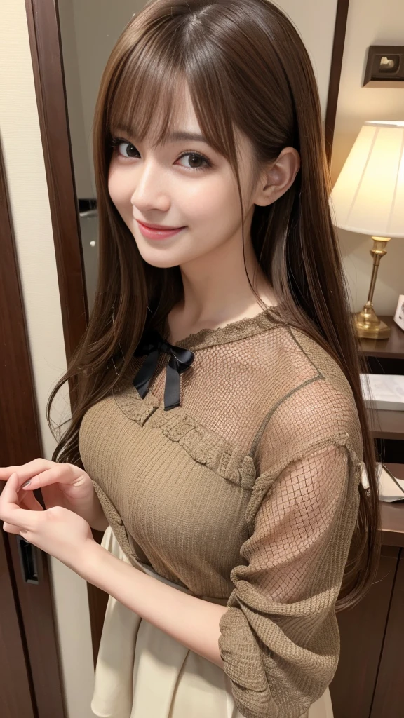 Ultra-high resolution, Superior Quality, highest quality, Super detailed, Realistic, 8K, RAW Photos, highest quality, masterpiece, Attractive girl, A wonderful girl, Brown Hair, Shoulder-length layered, Mesh Hair, Japanese Idols, Sophisticated, stylish, blouse,smile、Random cute poses、Selfie composition、Right hand to mouth、I&#39;m in the city，Super huge