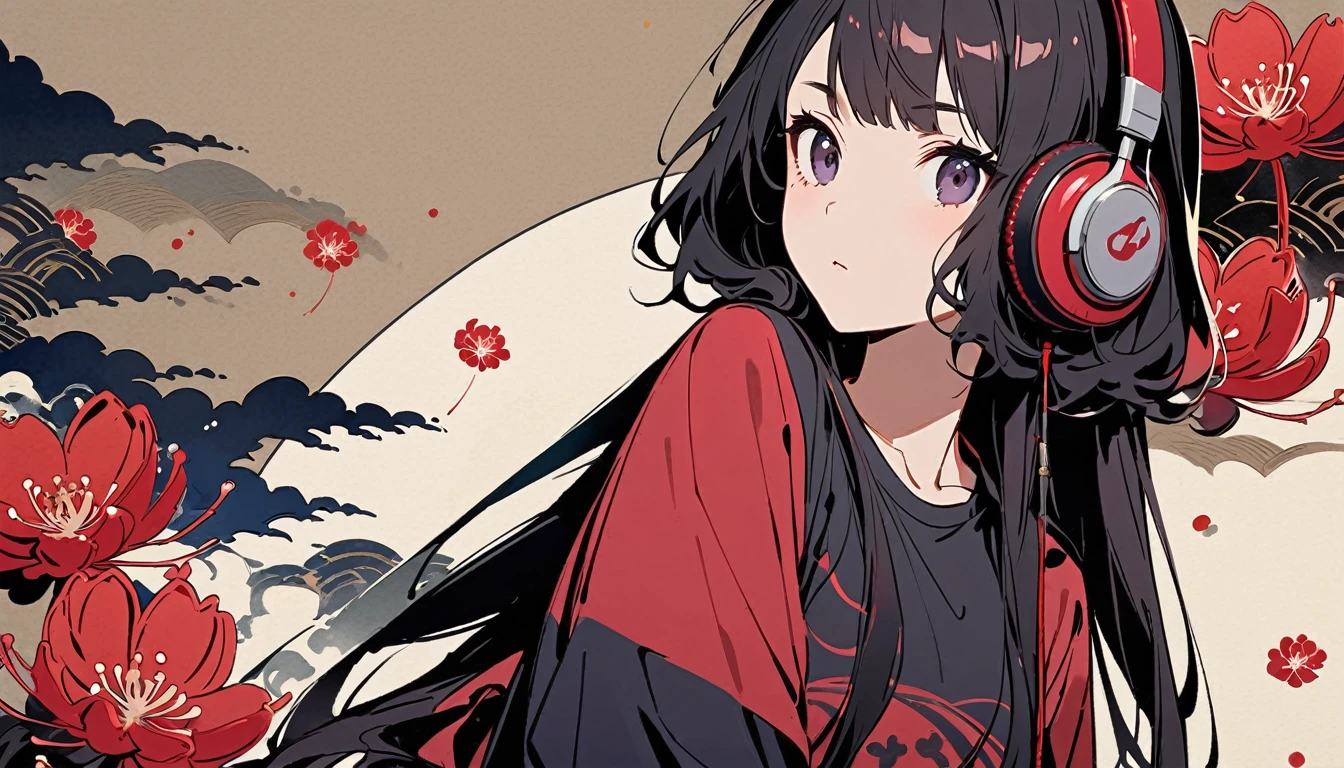 Highest quality, Katsushika Hokusai, Ink Painting, (((straight longhair))), (((1 girl))), (((Pale red T-shirt))), Japanese style headphones, Red spider lily, beautiful girl, Black Hair, Delicate and precise, Modern ukiyo-e style