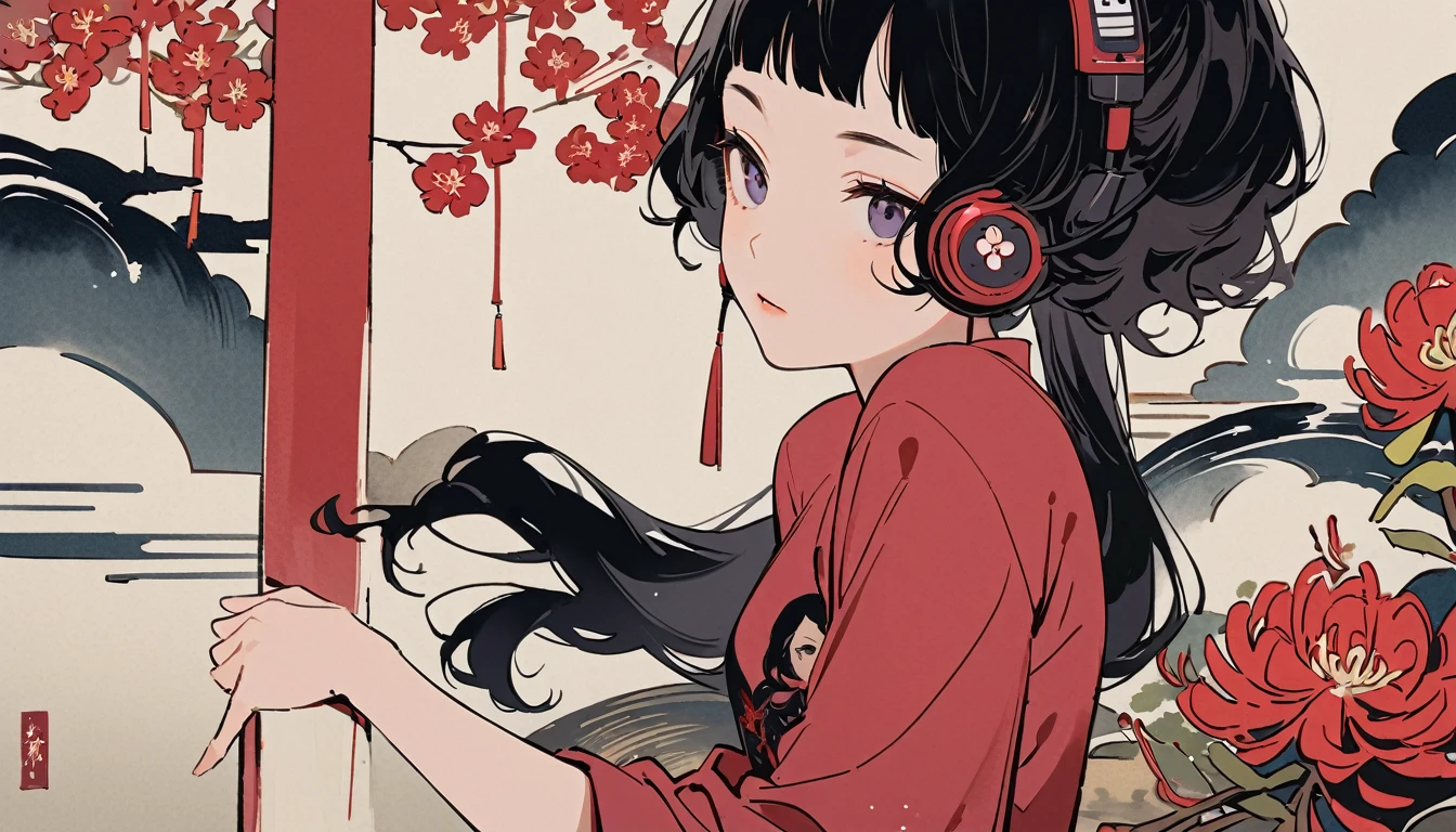Highest quality, Katsushika Hokusai, Ink Painting, (((straight longhair))), (((1 girl))), (((Pale red T-shirt))), Japanese style headphones, Red spider lily, beautiful girl, Black Hair, Delicate and precise, Modern ukiyo-e style