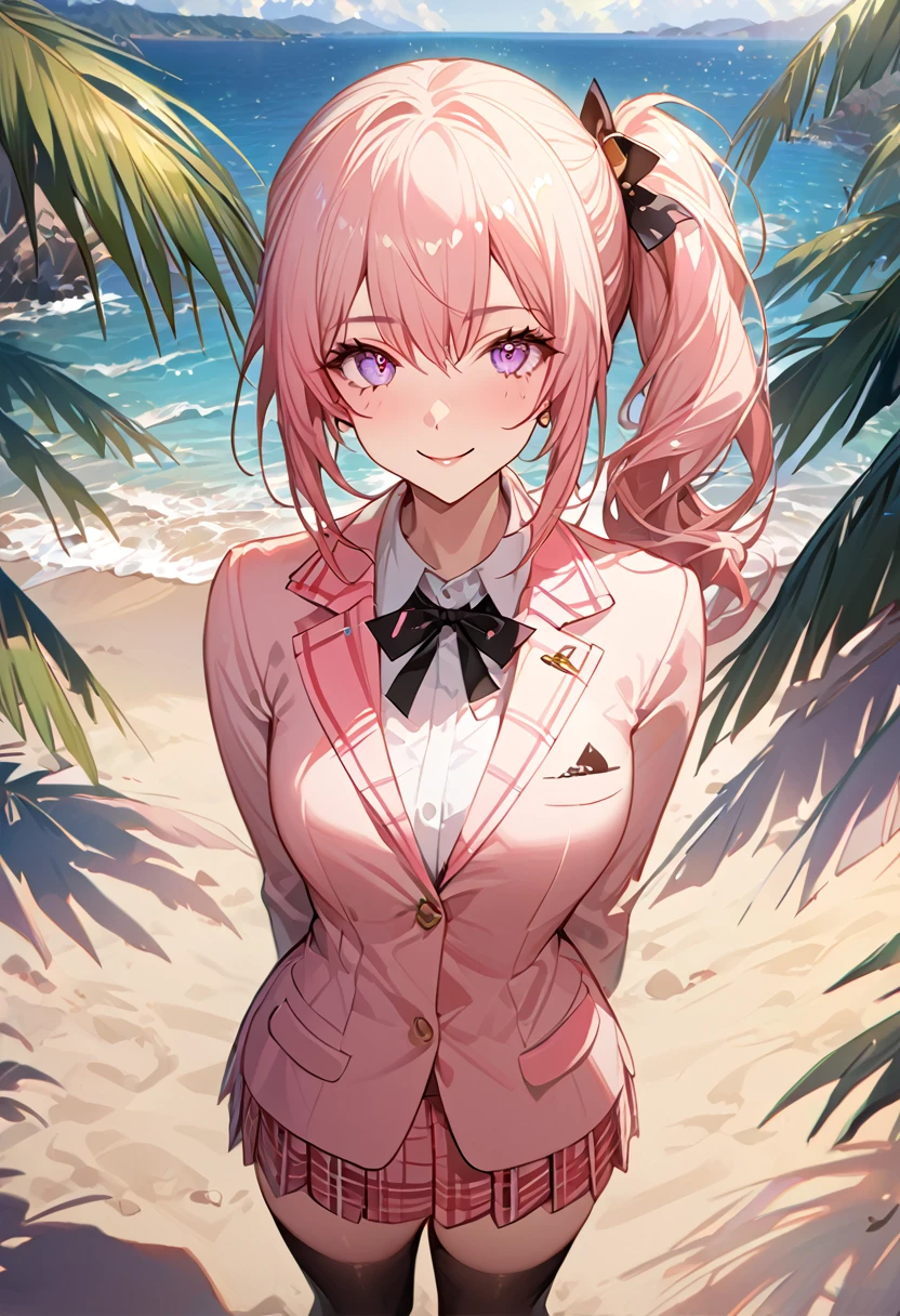 masterpiece, best quality, 8k, 4k, 1girl, (masterpiece, best quality:1.2), 1girl, serah farron, smile, looking at viewer, arms behind back, side ponytail, white sleeveless, plaid skirt, black thighhighs, transparent pink sleeveless blazer, finely detailed eyes and detailed face, face detailed, hair detailed, clothes detailed, ((high quality)), extreme detail, beach sand, palm tree, calm water, high hills overlooking the sea, hollowed hills, inspired by Asukaziye artist : ask, art style : ask