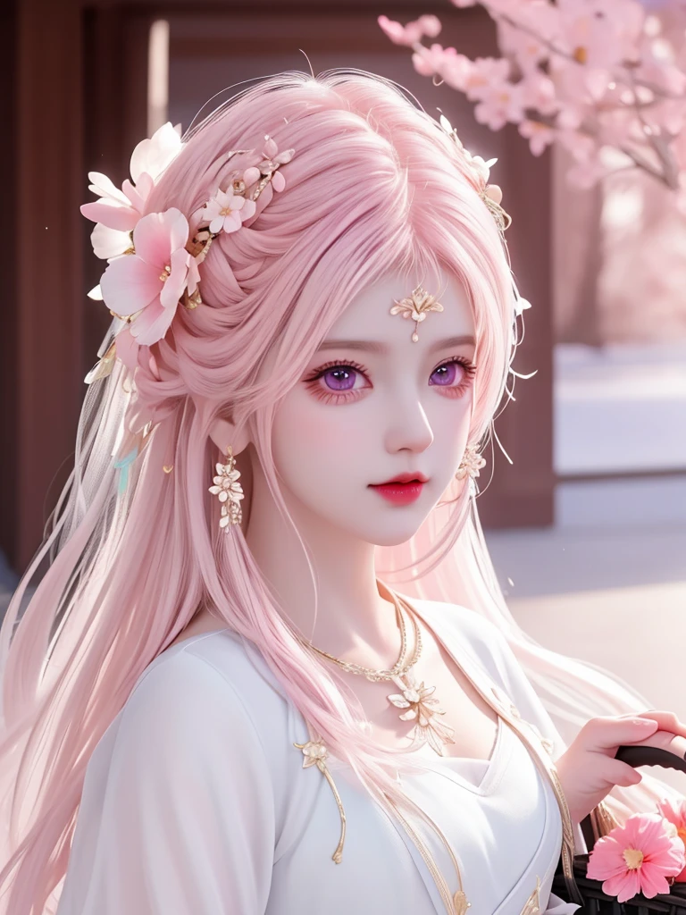 best quality, masterpiece, High target, There is a girl with a basket of flowers on her head, Big breast beauty,Very sexy,beautiful clothes, Hair Decorationss, necklace, Decorations, Pretty Face, When the body, Tyndall effect, Realistic Portraits, Edge lighting, Two-color light, (Very delicate skin:1.2), 8K uhd, Digital SLR Camera, Soft Light, high quality, Volumetric Lighting, Honest, photo, high resolution, 4K, 8K, Bokeh, Pink hair,Pink Eyes.