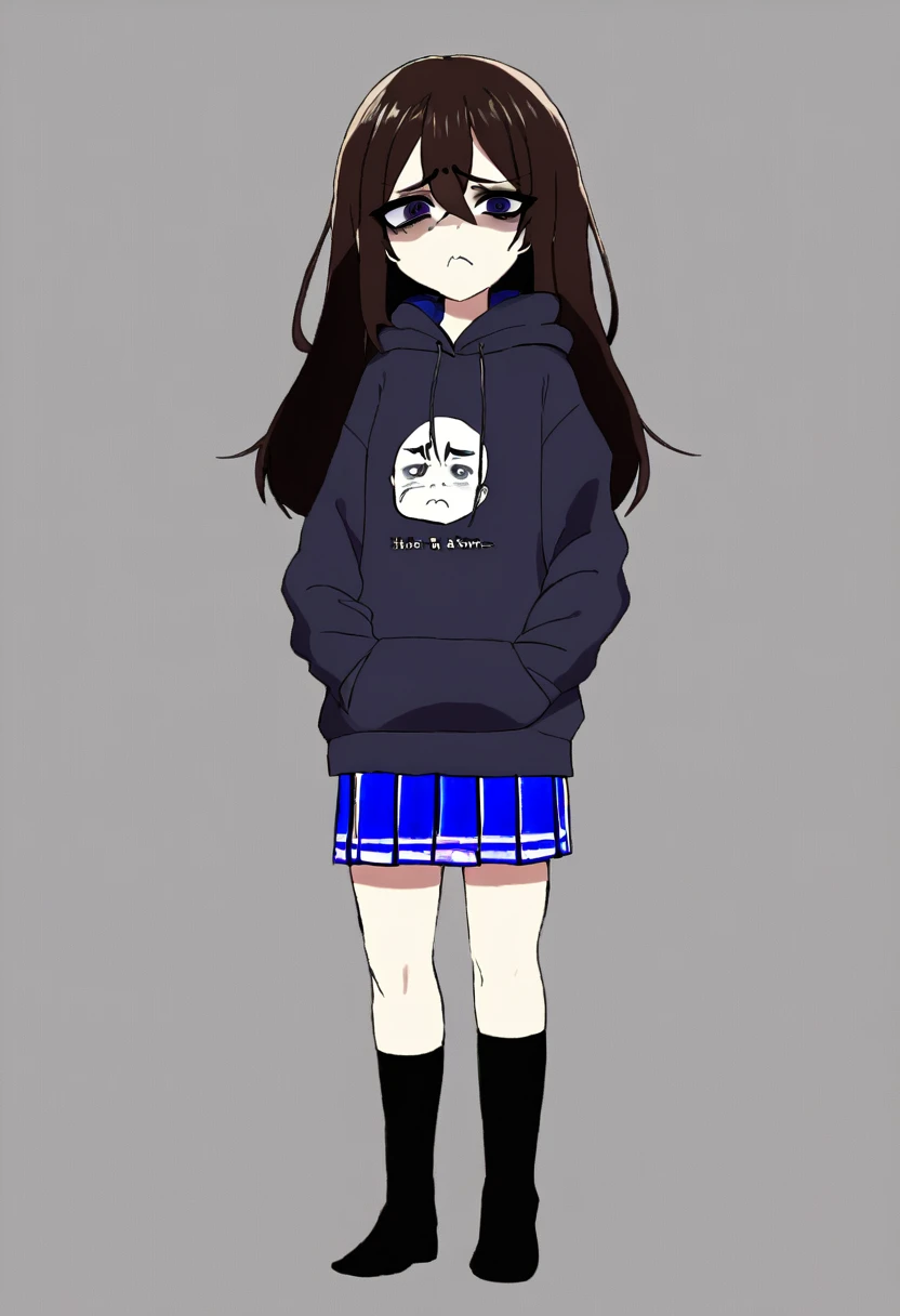 edgy girl with dark brown hair with bags under her eyes, wearing a dark blue hoodie, blue miniskirt and black thigh high socks. She has a grumpy look and a frown on her face. Full body view