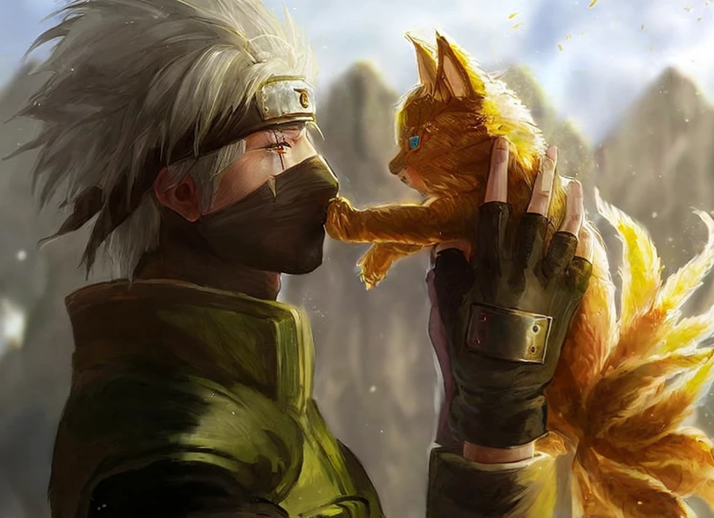 kakashi with white hairs, leaf ninja head band sharingan eye mask on face and holding baby nine tailed beast which has blue eyes and he touching kakashi mask with its left hand