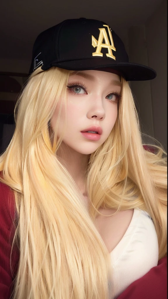 a Close up of a woman with long blonde hair wearing a baseball cap, Cl, ava max, parque roseanne de blackpink, light yellow hair, extremely light blonde hair, with white long hair, with long blonde hair, A girl with blonde hair, long YELLOW hair, medium yellow blonde hair, with long white hair, Asian with long hair, very light blonde hair