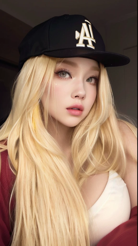 a Close up of a woman with long blonde hair wearing a baseball cap, Cl, ava max, parque roseanne de blackpink, light yellow hair, extremely light blonde hair, with white long hair, with long blonde hair, A girl with blonde hair, long YELLOW hair, medium yellow blonde hair, with long white hair, Asian with long hair, very light blonde hair
