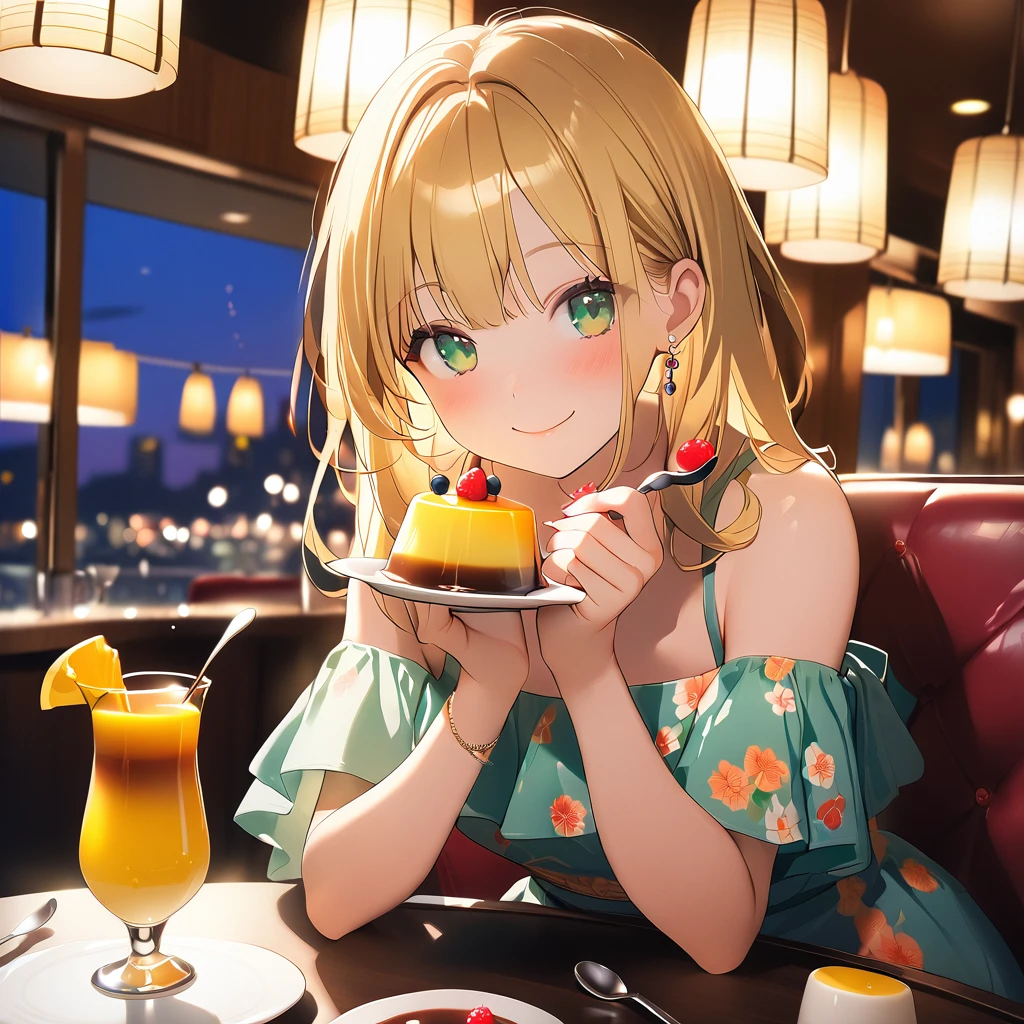 1girl, beautiful young girl, cute smile, yellow hair, green eyes, floral print dress, off-shoulder, sitting on chair, front of her table, pudding, spoon, drink, enjoying meal, background restaurant, publics, cinematic lighting
