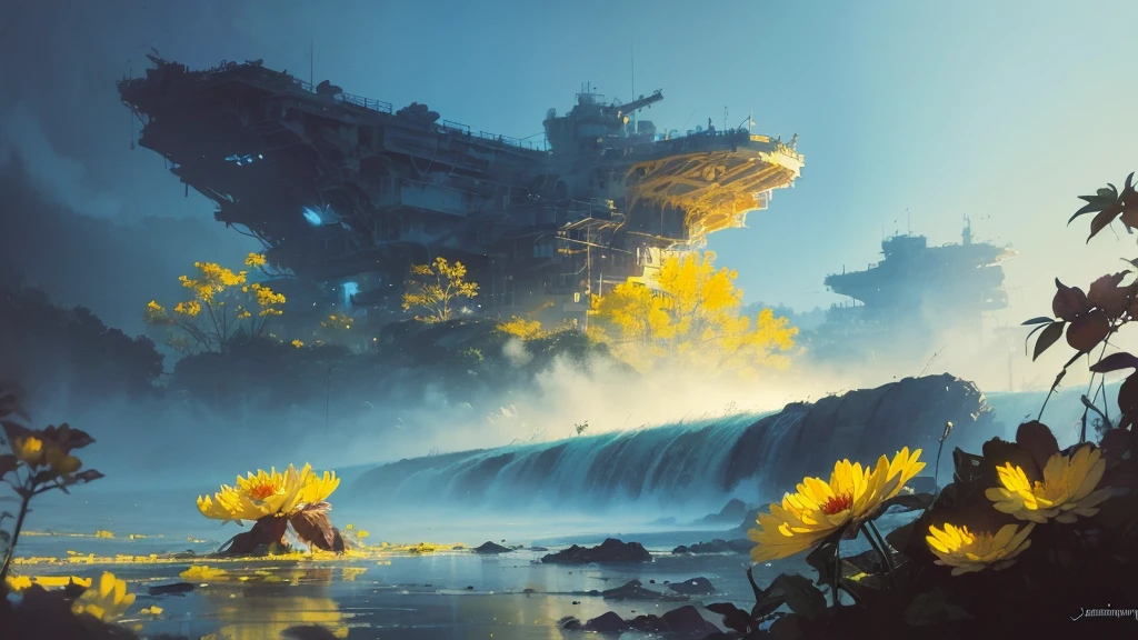32k, Masterpiece, Highest quality, One girl, Brown Hair, Detailed eyes, flower,Dahlia, Light blue and yellow style,A dreamy, romantic piece,Pale yellow, Mysterious Leaves,A playful arrangement,Fantasy,High Contrast,Ink strokes,explosion,Exposure, Impression of light blue and yellow tones,Abstract,((Watercolours by John Berkey and Jeremy Mann )) Brush strokes,Negative Space, Tyndall effect,
