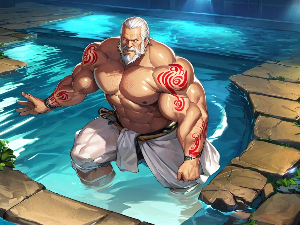 huge muscular old man soaking in an pool, swimming pool, white and short hair, white beard, old, old man, grandpa, half submerged, (huge muscular), (yakuza tattoo:1.2), detailed muscles, 8k, masterpiece:1.2, hyperrealistic, white fundoshi, highly detailed full body, really big muscle, massive muscle, thick arms, wide pectoral, submerged, soft ambient lighting, wrinkled skin, tranquil expression, reflective water, peaceful relaxation