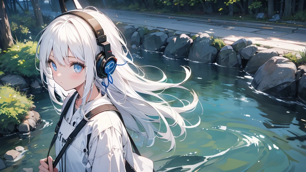 A girl wearing headphones on the riverbank。White Hair