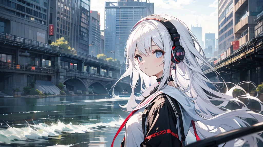 A girl wearing headphones on the riverbank。White Hair