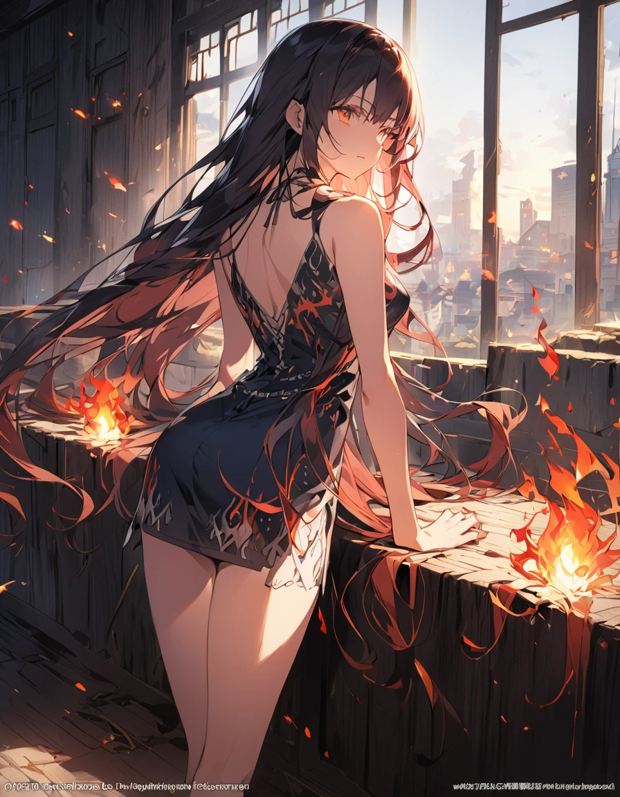 Detailed description　A woman with very long hair　Intense flames all over　Spell