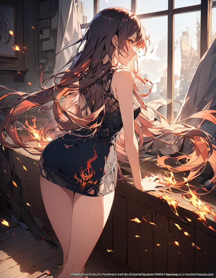 Detailed description　A woman with very long hair　Intense flames all over　Spell