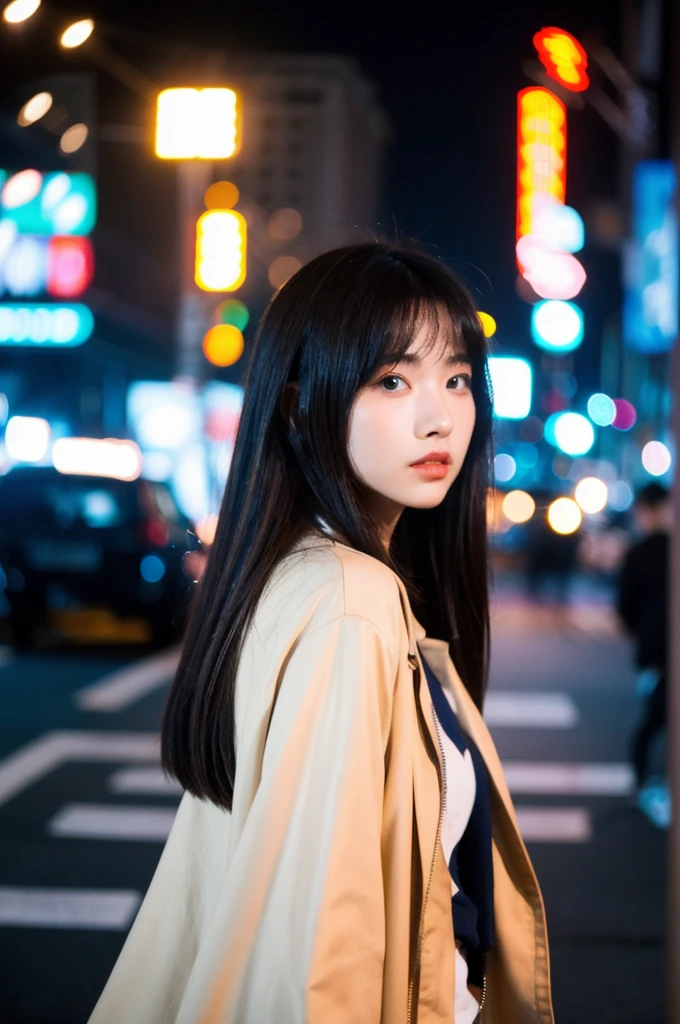 (Cinematic Aesthetic:1.4) Photo of a beautiful korean fashion model bokeh city night