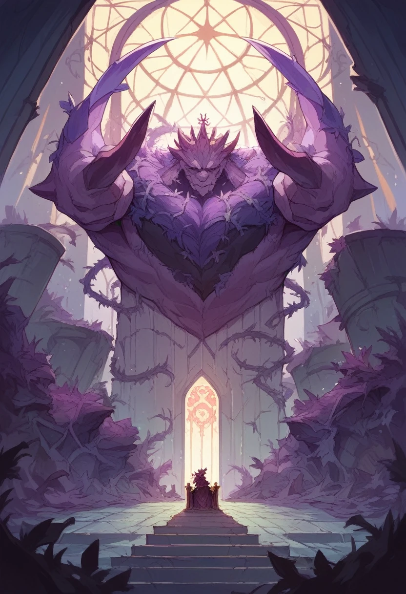 a mutated king called the "king of the vild", purple vines everywhere in his throne room and coming out of his body, weilding a huge greatbow and greatsword