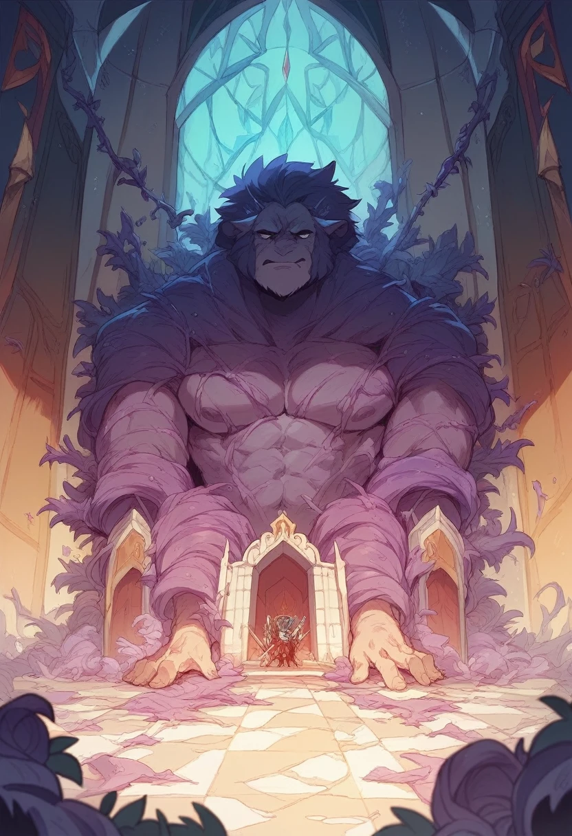 a mutated king called the "king of the vild", purple vines everywhere in his throne room and coming out of his body, weilding a huge greatbow and greatsword