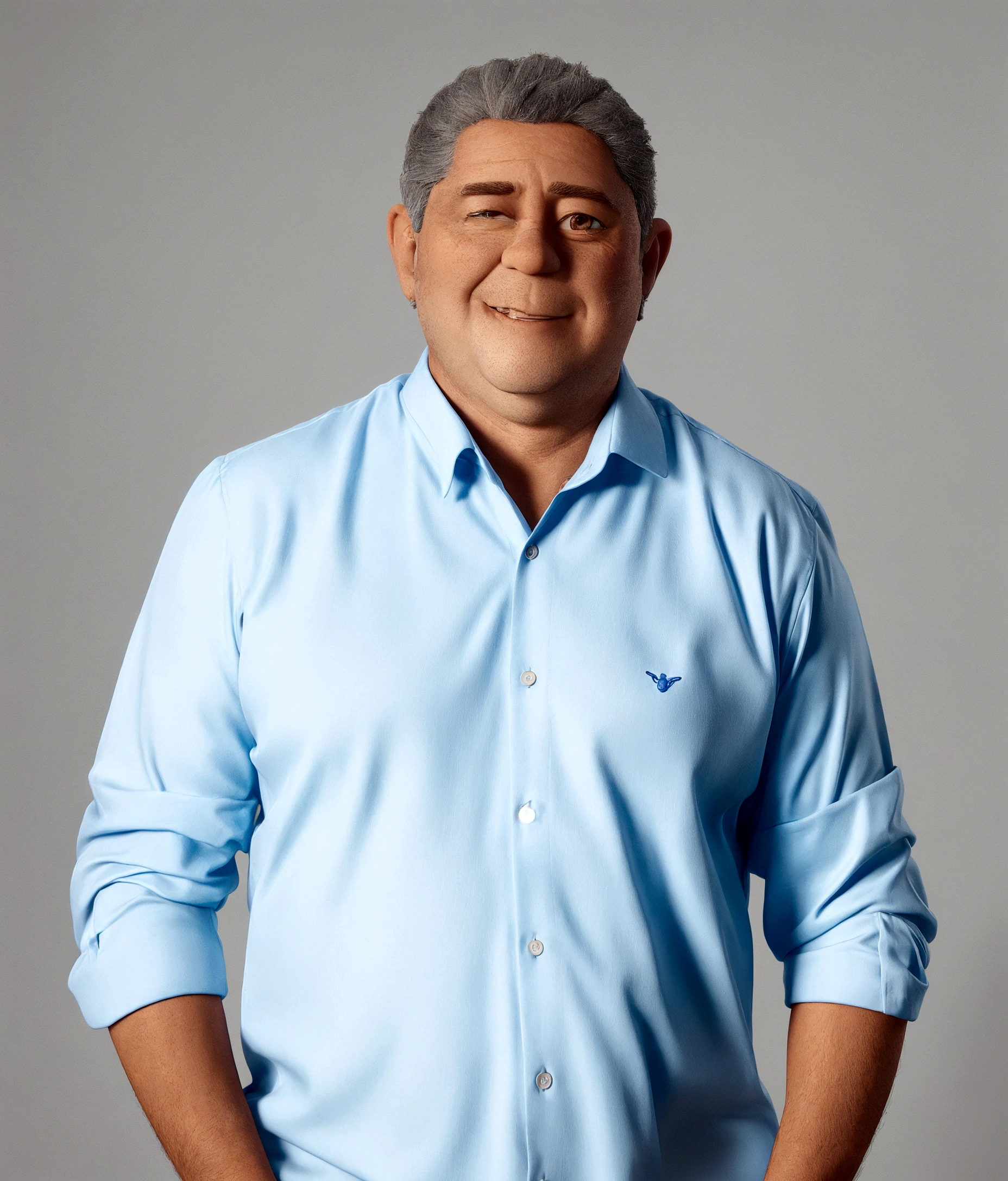 man, very short hair, slightly gray, with blue dress shirt, 3D pixar style