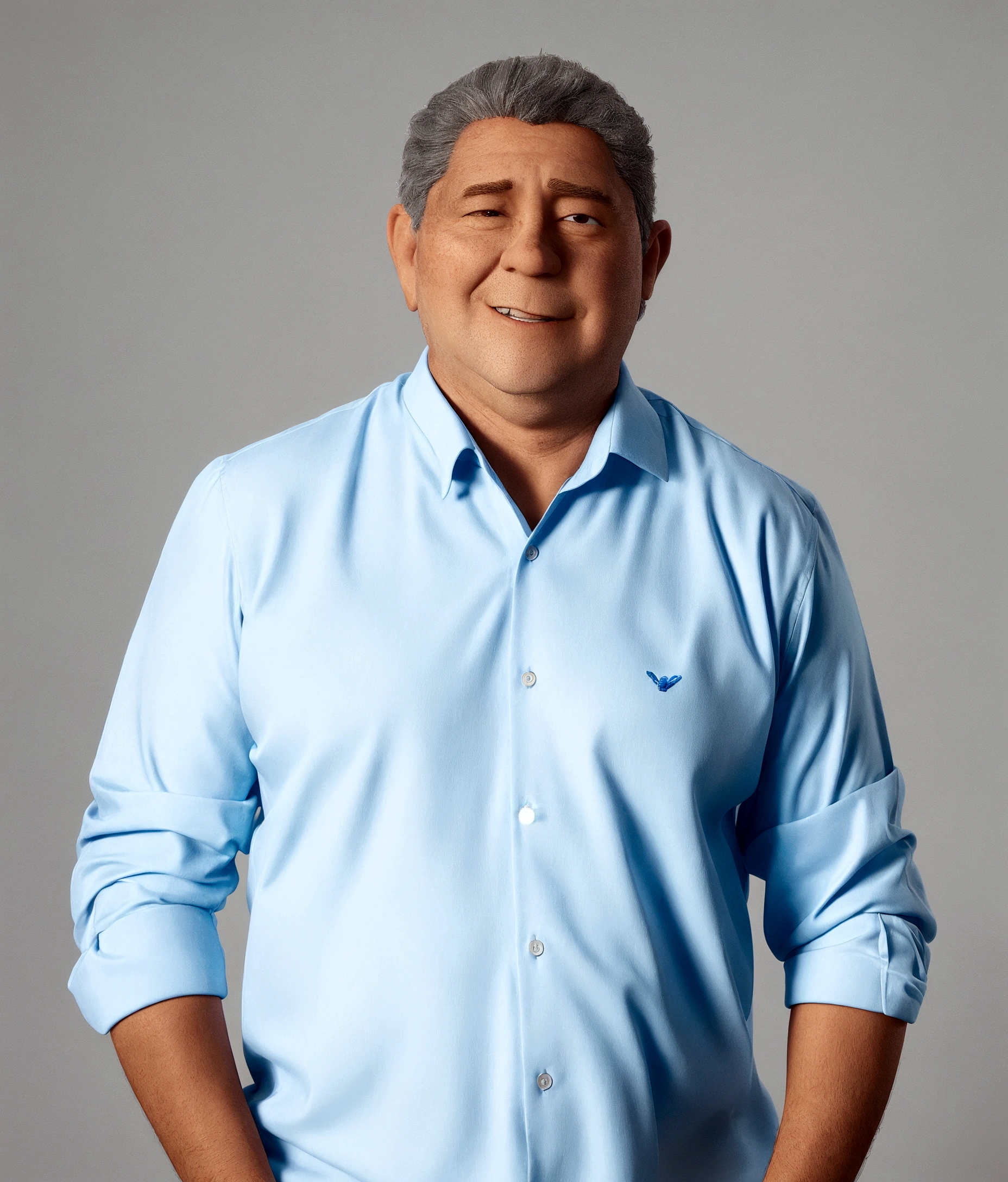 man, very short hair, slightly gray, with blue dress shirt, 3D pixar style