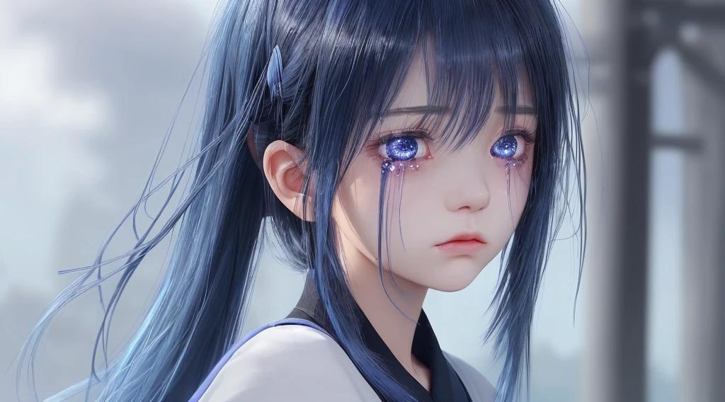 Sad expression、LandscapeのGirl、Tears are running down her cheeks、Not tying hair、Black hair band、Light blue and purple hair、Girl、Dark navy blue clothing that exposes the shoulders、Tears flowing、Facing the top right、I&#39;m asking for grace with both hands、Landscape、Whimpering、sad look