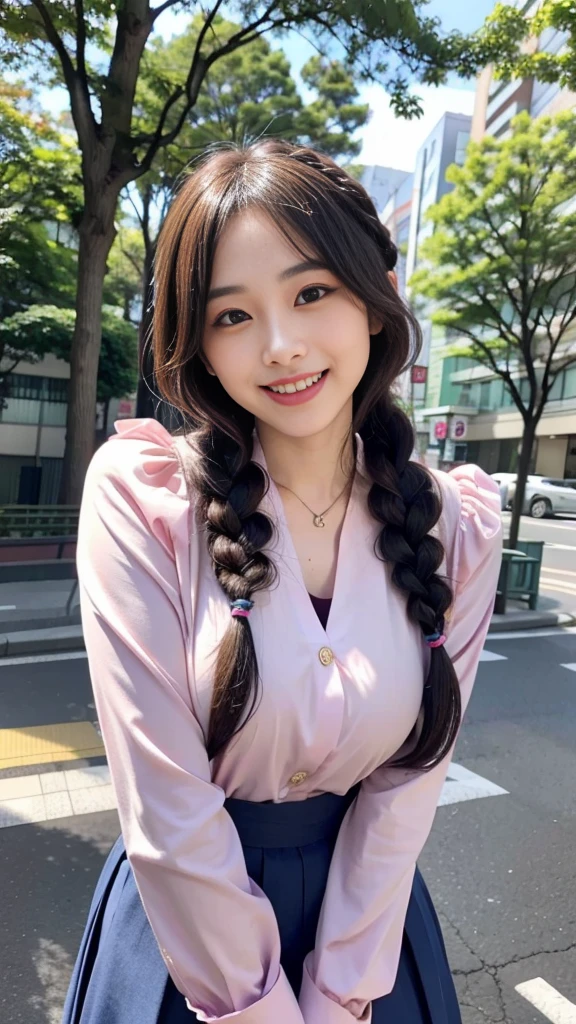 Raw photo、Ultra-realistic、Ultra detailed face、Detail lips、Detailed eyes、High school girl smiling showing her teeth、Long Hair:1.1、chest、Visible curves、Laughing with your mouth open 、Tokyo city角、 Whole body、( Slender body)、(Long Hair)、Big Breasts、Idol、(pastel colour)、18-year-old、Small face、Braid、 Tokyo city、Long beautiful legs 1.2、Curved waist、flower、uniform、blouse、Wide forehead