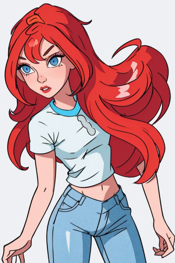 (Bloom), (orange hair, blue eyes, bangs, long hair), (Casual Outfit), (((ponytail )))(croptop, blue tshirt, yellow short sleeves, blue skinny jeans), (white plain background, solid background, white background:1.5), (realistic:1.2), (masterpiece:1.2), (full-body-shot:1),(Cowboy-shot:1.2), neon lighting, dark romantic lighting, (highly detailed:1.2),(detailed face:1.2), (gradients), colorful, detailed eyes, (detailed landscape:1.2), (natural lighting:1.2), (standing simple pose:1.2), (solo, one person, 1girl:1.5),