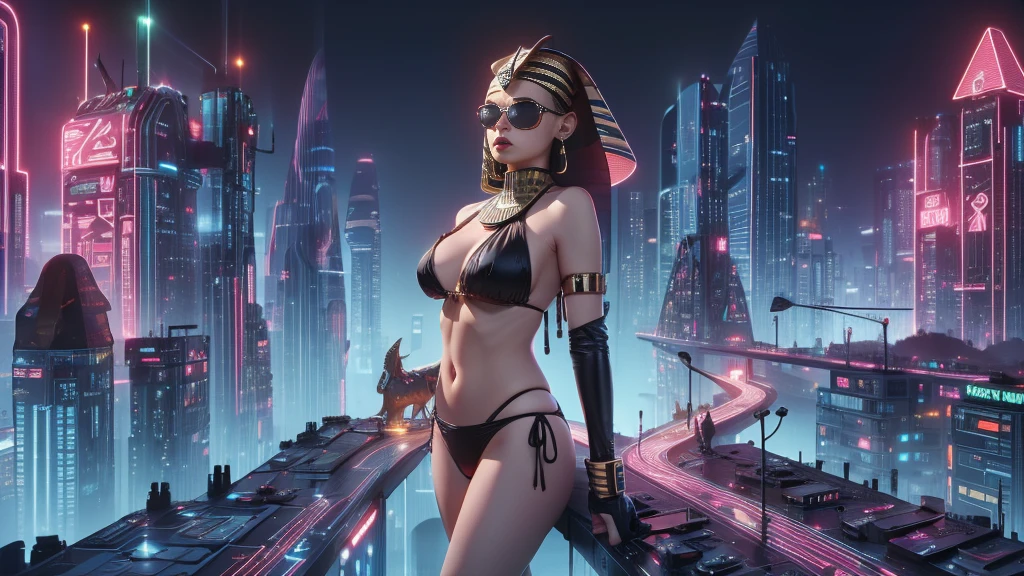 (((a medium-breast bikini slim GIRL with black micro sunglasses))), (((aiming at viewer with a pistol))), a balcony of a futuristic building, aerial view of an ultra-futuristic megalopolis, many metal buildings and houses in dark colors from dark blue to black, a cidade tem tons de cinza metal, has smoky metal structures , industrial environment with smoke and fog around, carros escuros nas ruas, desert megalopolis, trilhos e trens modernos de de metal passando estre as ruas da cidade, tall futuristic metal buildings, many ultra modern buildings around, (((an Egypt sphinx statue on the top of building))), realistic, detailed, sci-fi.