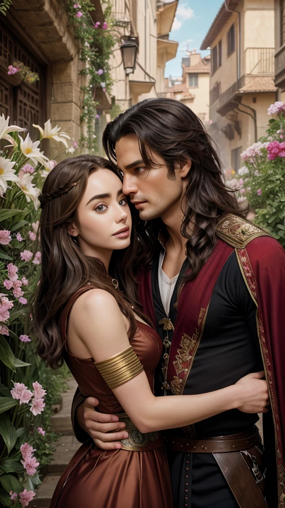 Two person 1 Neels Visser is a prince who has golden blond hair, wears a medieval military outfit and is in love with the commoner 2 Lily Collins, who has curly black hair and wears a red dress, the two kiss very affectionately, illustration of a romance book cover with a detailed, smooth, bright background filled with flowers, art by Greg Hildebrandt, Citemer Liu, Stjepan Sejic, Samyang, Aykut Aydogdu, Justin Gerard, Alphonse Mucha, Artgerm, WLOP, and Greg Rutkowski