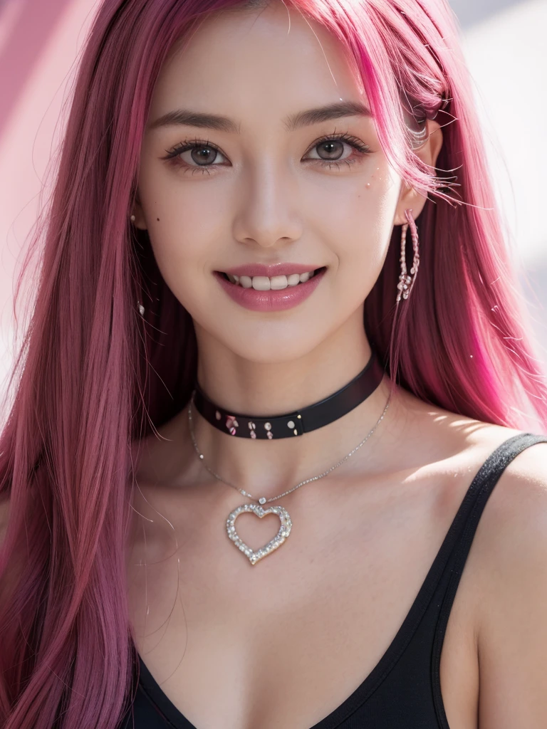 1girl, alone, solitary, high quality, (best quality,4k,8k,highres,masterpiece:1.2),ultra-detailed,(realistic,photorealistic,photo-realistic:1.37),gorgeous hair,fuchsia hair,long straight hair with bangs,sharp eyes,mole under the eye,plump lips,jewelry,(high detailed skin:1.4),(rim lighting:1.3),(lit:1.3),(sunny day:1.3),portrait,beautiful lips,waist-length hair,seductive gaze,moles,casual clothes,colorful clothing,close up,super long hair,choker necklace,tattoos,tattooed,light eyes,bangs,fringe,20 year old,dimples on the cheeks,dimples,beautiful smile,perfect teeth,straight teeth,perfect sized teeth,dazzling smile,neon pink hair,neonhair,magenta hair,bright neon pink hair,neon pink,neonpink