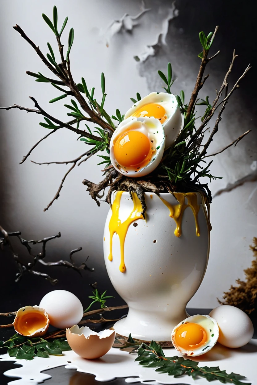 Surreal Still Life Paintings Blending Food and Nature. Fried eggs on branches in white vase, Runny egg yolk dripping, Dark texture background, Quail egg shells scattered on the bottom, Plant leaves, Concept 3D Realism, Inspired by the art of Giuseppe Arcimboldo, masterpiece