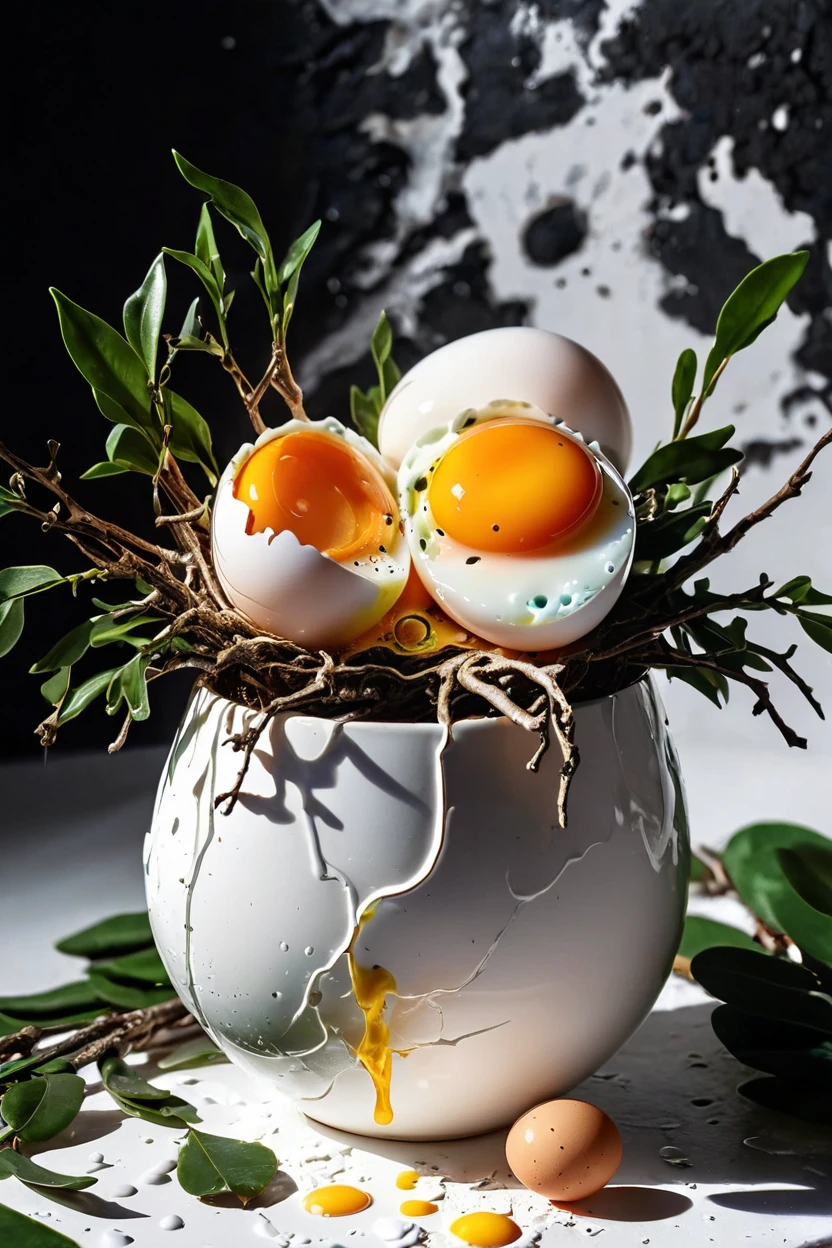 Surreal Still Life Paintings Blending Food and Nature. Fried eggs on branches in white vase, Runny egg yolk dripping, Dark texture background, Quail egg shells scattered on the bottom, Plant leaves, Concept 3D Realism, Inspired by the art of Giuseppe Arcimboldo, masterpiece