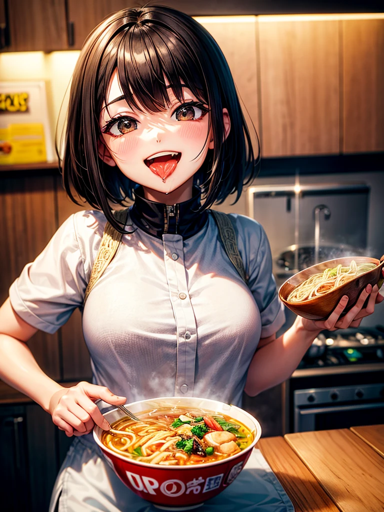 Highest Resolution,Highest quality,Smiling while looking at the ramen,Girl with open mouth and saliva dripping,Black short hair,up,