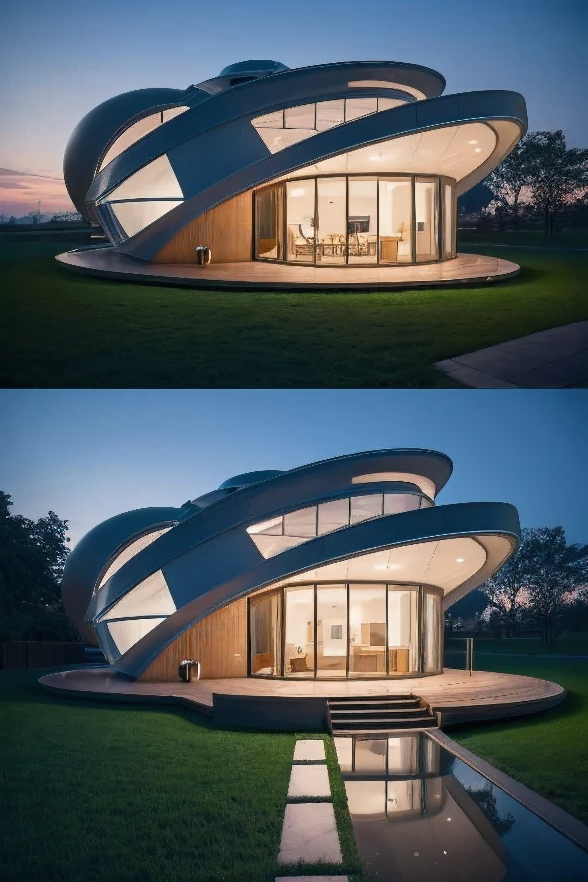 (8K,high resolution,High resolution,Night view), Unique home,Simplified realism style, Curved House, Round,All Metal Rendering, Futuristic concept house, Rendered 3D model, Wide-angle exterior 2022, 3D Rendering, 3D Perspective, Bird&#39;s-eye view, architectural concept