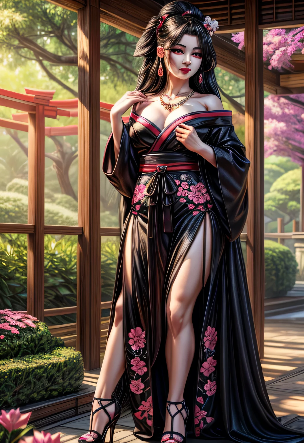 UHD 8k, HDR+, sexy Female wearing a black robe, gorgeous Japanese geisha, elaborate black hair, pink flower embroidery, full body shot, gold trimnings with a necklace, large piercing eyes, huge earrings, giant earrings, her long Black hair falls over her shoulders, Black high heel shoes, High heels, Against the background of the Japanese garden, detailed background, realistic, 1girl, solo girl, 20 year old girl, ultra realistic face, hyperrealistic, hyperdetailed, (looking at viewers), sharpen, detailed face, detailed eyes, detailed lips, red lips, beautiful face, 16k, FHD, raw photo, cute face mesh, pretty face mesh, portrait shot 8 k