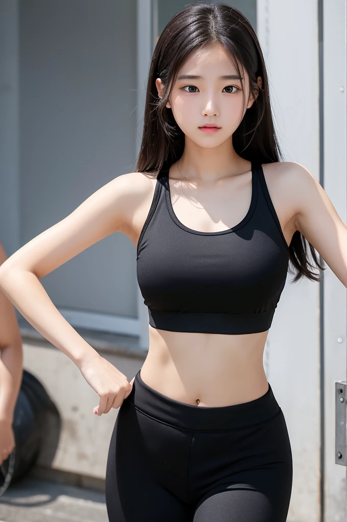 One Woman middle School girls Black sports bra Sexy Pants Sweat Black Hair High quality Semi-long hair