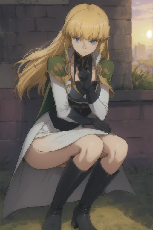 1girl, solo, Monica, blue eyes, blonde hair, uniform, green cape, knee boots, ribbon, skirt, sideslit, miltary, gloves. Best quality, park, sunrise