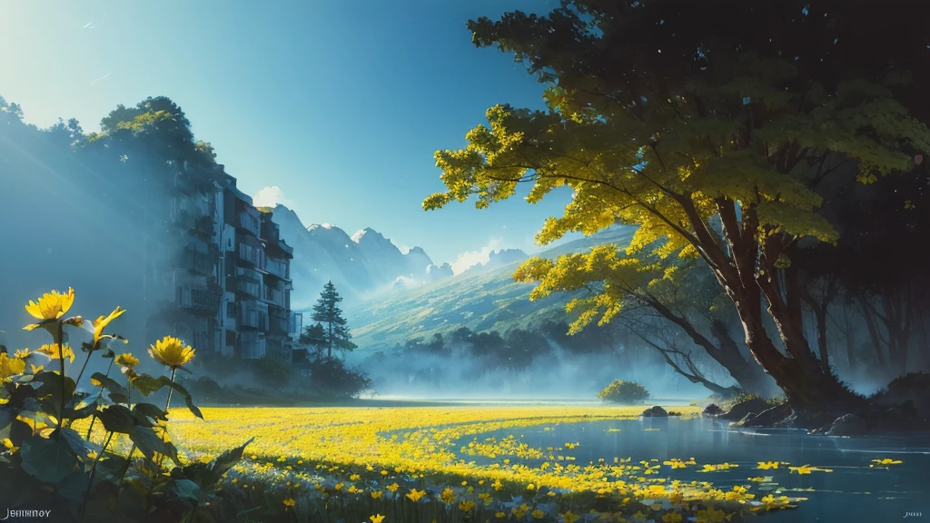 32k, Masterpiece, Highest quality, One girl, Brown Hair, Detailed eyes, flower,Dahlia, Light blue and yellow style,A dreamy, romantic piece,Pale yellow, Mysterious Leaves,A playful arrangement,Fantasy,High Contrast,Ink strokes,explosion,Exposure, Impression of light blue and yellow tones,Abstract,((Watercolours by John Berkey and Jeremy Mann )) Brush strokes,Negative Space, Tyndall effect,