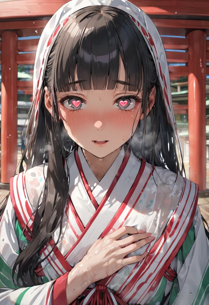 (sweaty skin) (standing, in the Fukuoka hakata city), (pov close up face) solo:2, 15 yo, ((blunt bangs)) (black hair long hair panic:1.4 shrine maiden girl), ((((heart shaped pupils gray eyes)))), hand put on own chest, in a shrine maiden clothes, BREAK, perfect anatomy, masterpiece, best quality, 16k, beautiful detailed grow, daydreaming expression.