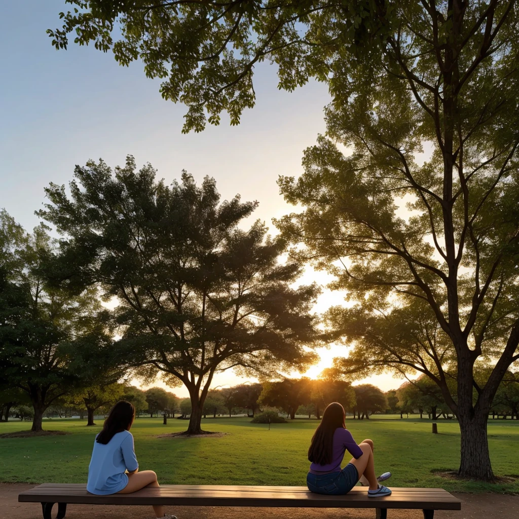 ar prompts Araffada woman sitting on a bench in a park with a tree, 18 years old, looking at the sunset without looking at the camera, a little out of focus 