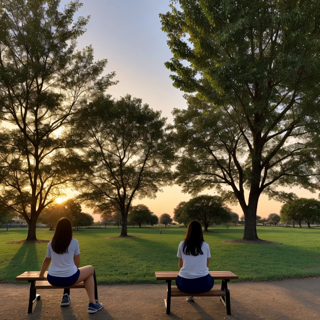 ar prompts Araffada woman sitting on a bench in a park with a tree, 18 years old, looking at the sunset without looking at the camera, a little out of focus 